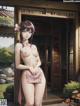 A naked woman standing in front of a house.